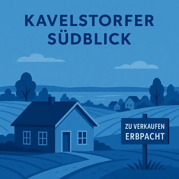 Illustration eines Einfamilienhauses im Neubaugebiet Kavelstorfer Südblick mit Erbpacht-Hinweisschild, monochrom in Blautönen – Symbolbild für Erbpacht-Finanzierung.